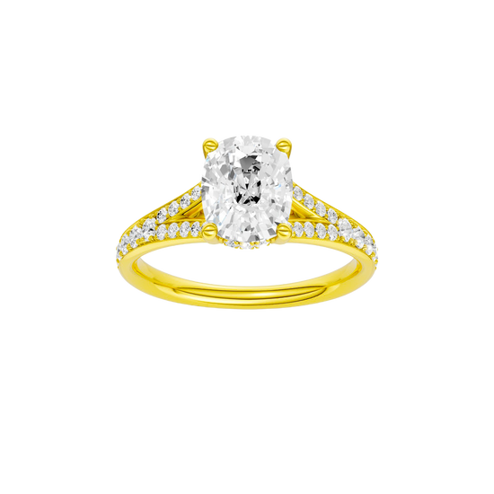 Elongated cushion-cut diamond engagement ring with a channel-set diamond band and hidden-halo setting.