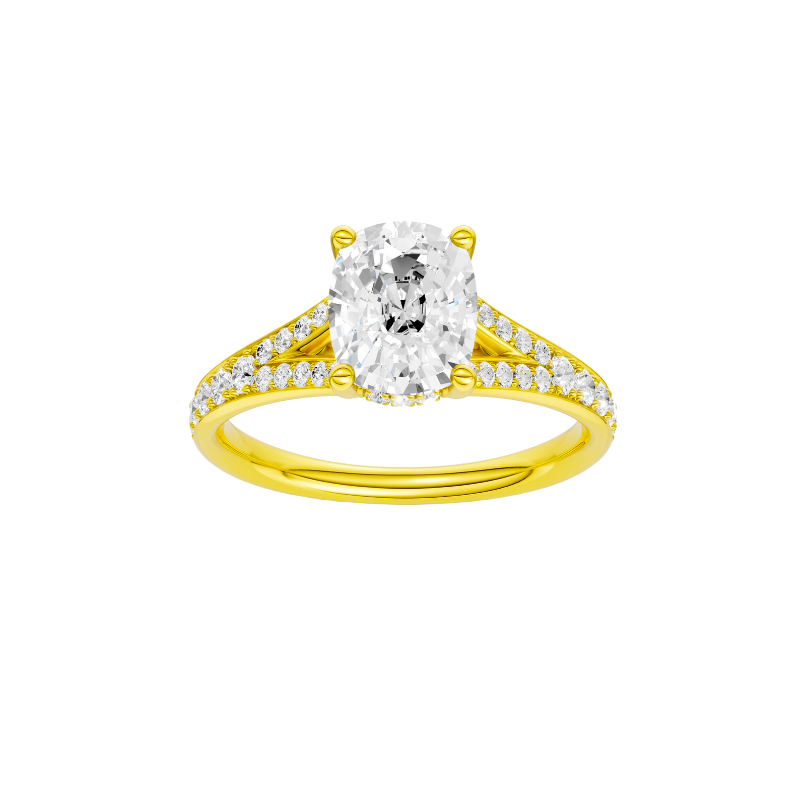 Elongated cushion-cut diamond engagement ring with a channel-set diamond band and hidden-halo setting.