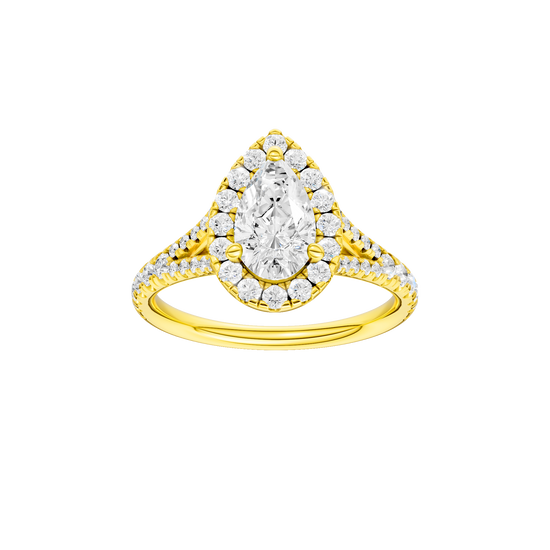 Pear-cut diamond engagement ring with a prong-set diamond band and halo setting.