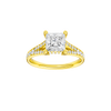 Princess-cut diamond engagement ring with a channel-set diamond band and hidden-halo setting.