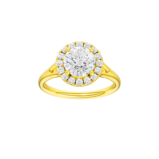 Round-cut diamond engagement ring with a plain band and halo setting.