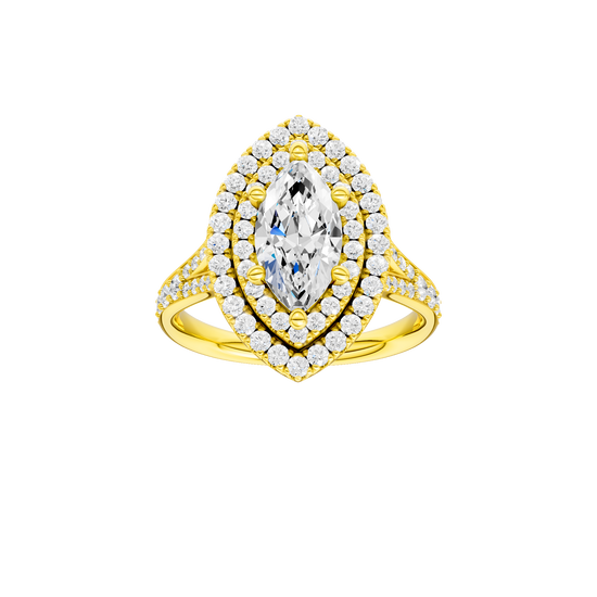 Marquise-cut diamond engagement ring with a channel-set diamond band and double-halo setting.