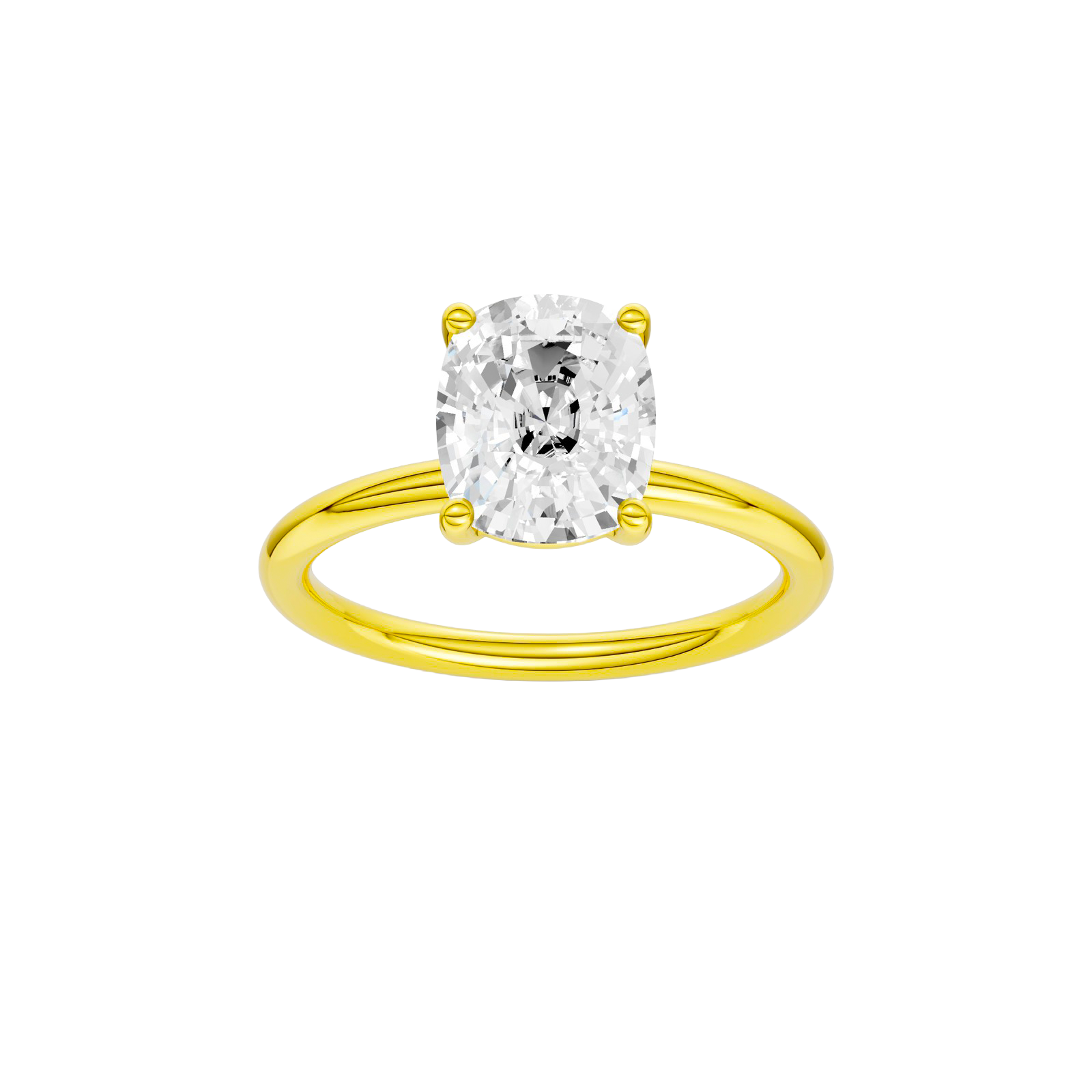 Elongated cushion-cut diamond solitaire engagement ring in 14k yellow gold with a plain band
