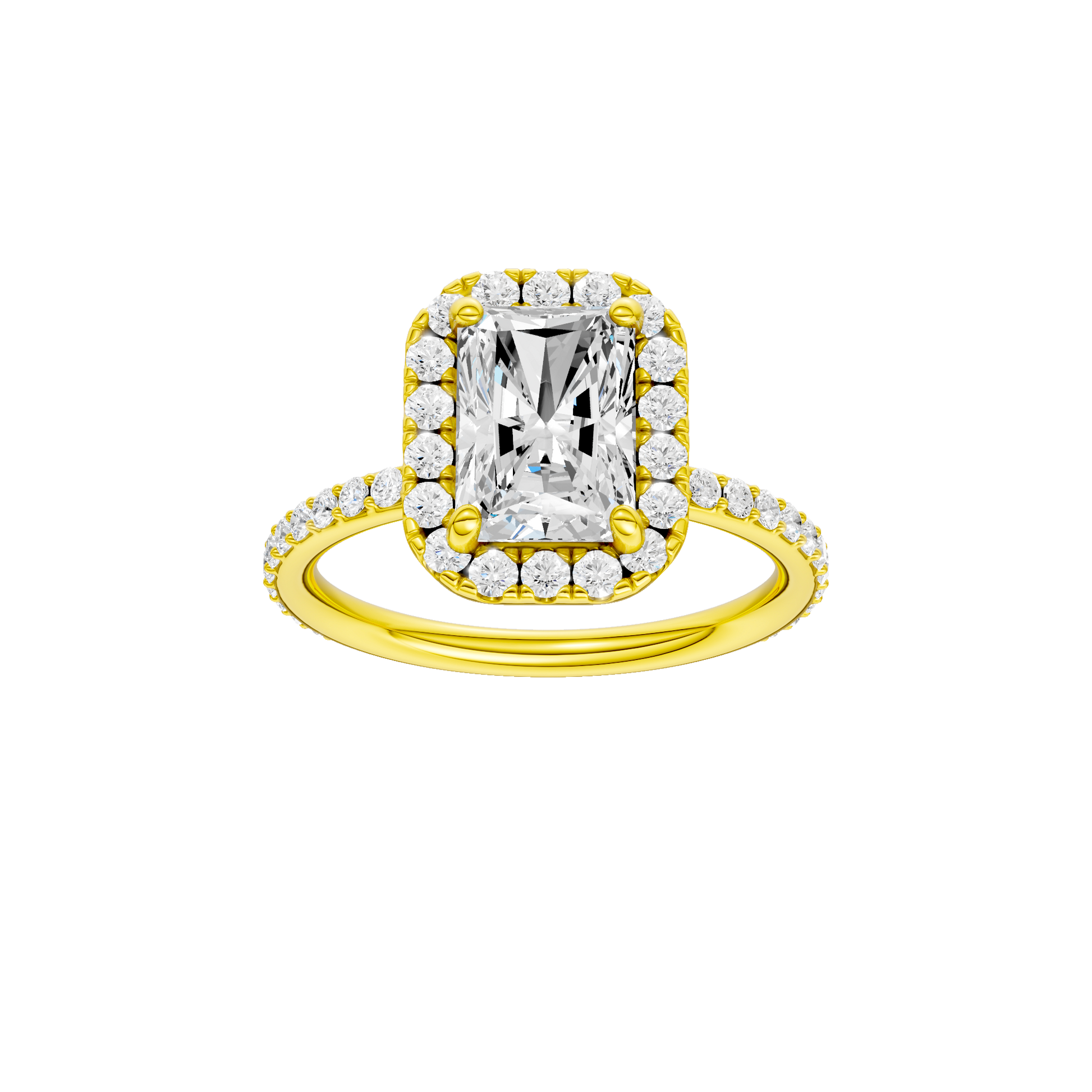 Radiant-cut diamond engagement ring with a prong-set diamond band and halo setting.