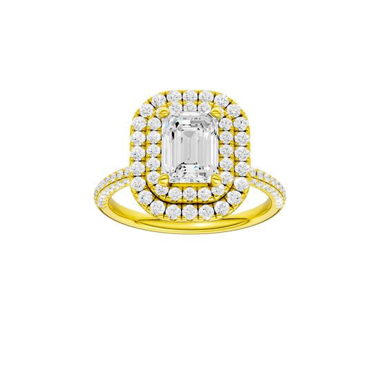 Emerald-cut diamond engagement ring with a pavé-set diamond band and double-halo setting.