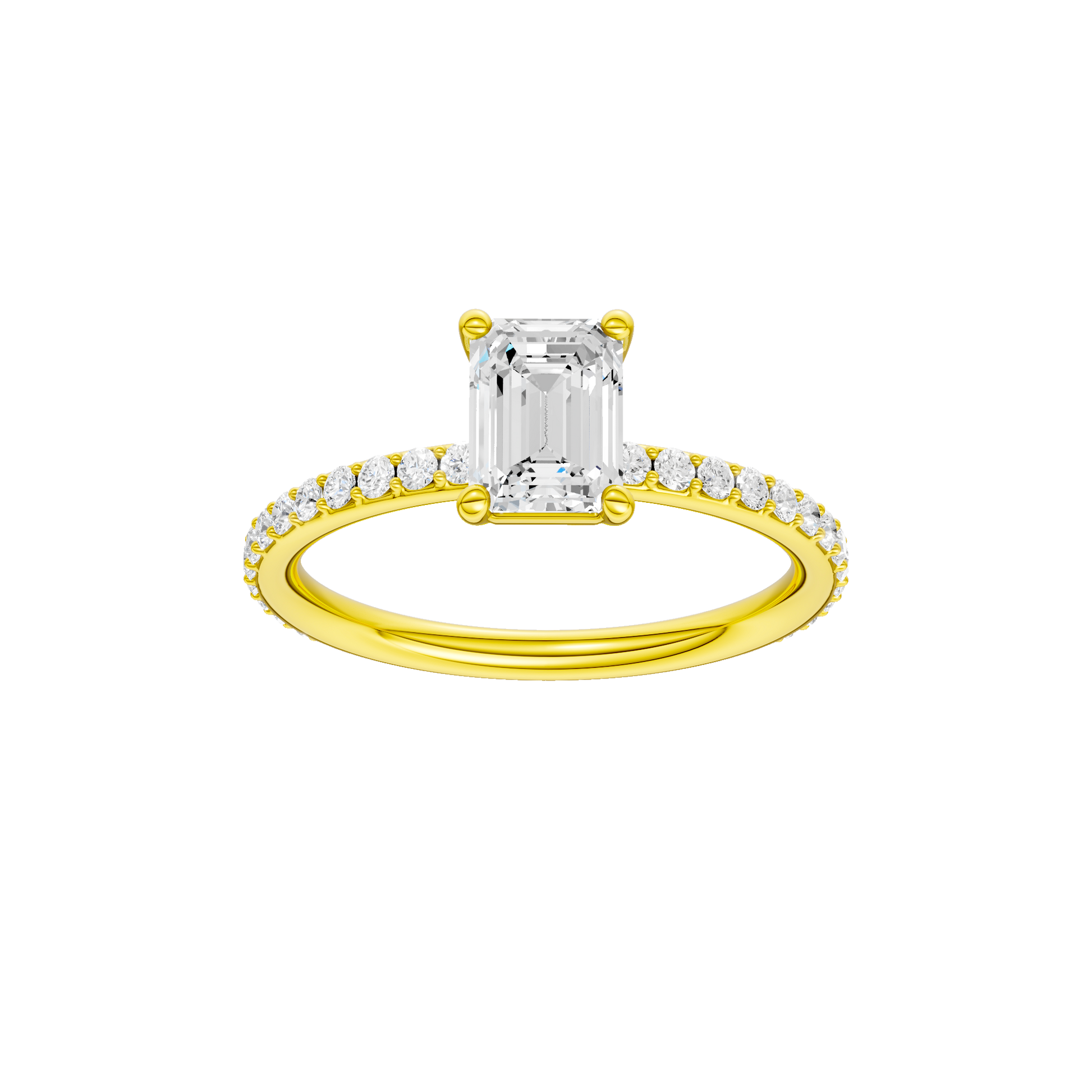 Emerald-cut diamond engagement ring with a prong-set diamond band and solitaire setting.
