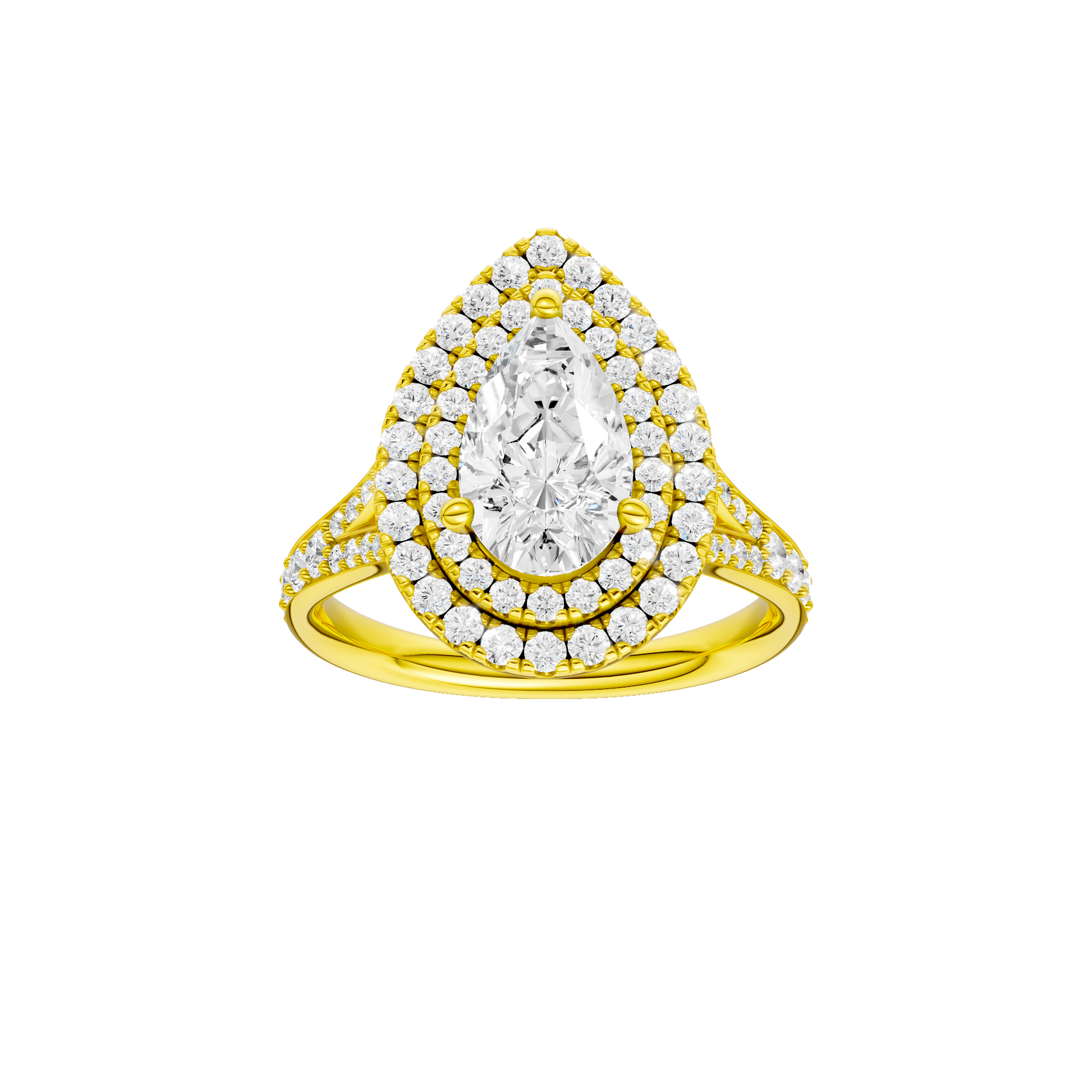 Pear-cut diamond engagement ring with a channel-set diamond band and double-halo setting.