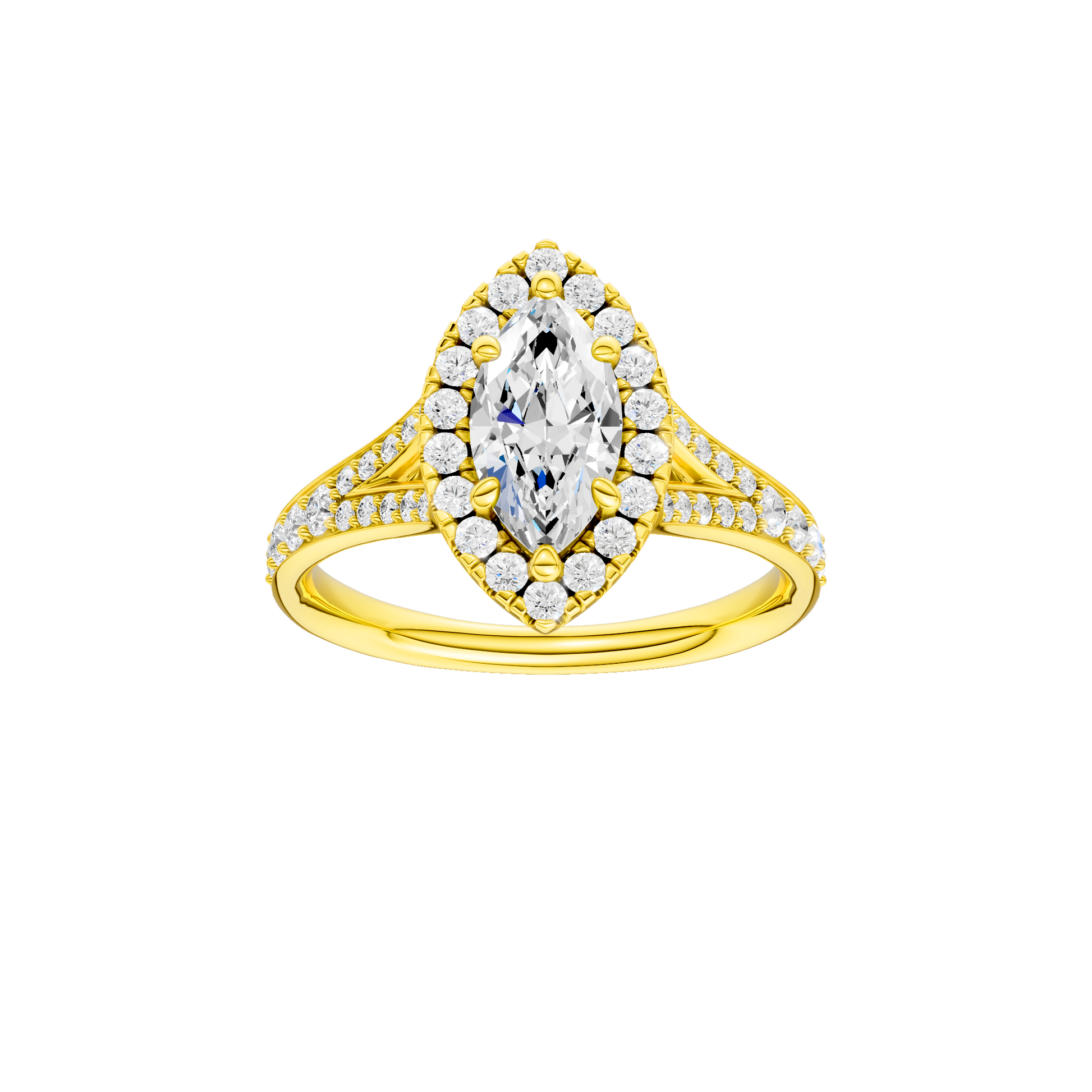 Marquise-cut diamond engagement ring with a channel-set diamond band and halo setting.