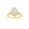 Pear-cut diamond engagement ring with a prong-set diamond band and halo setting.