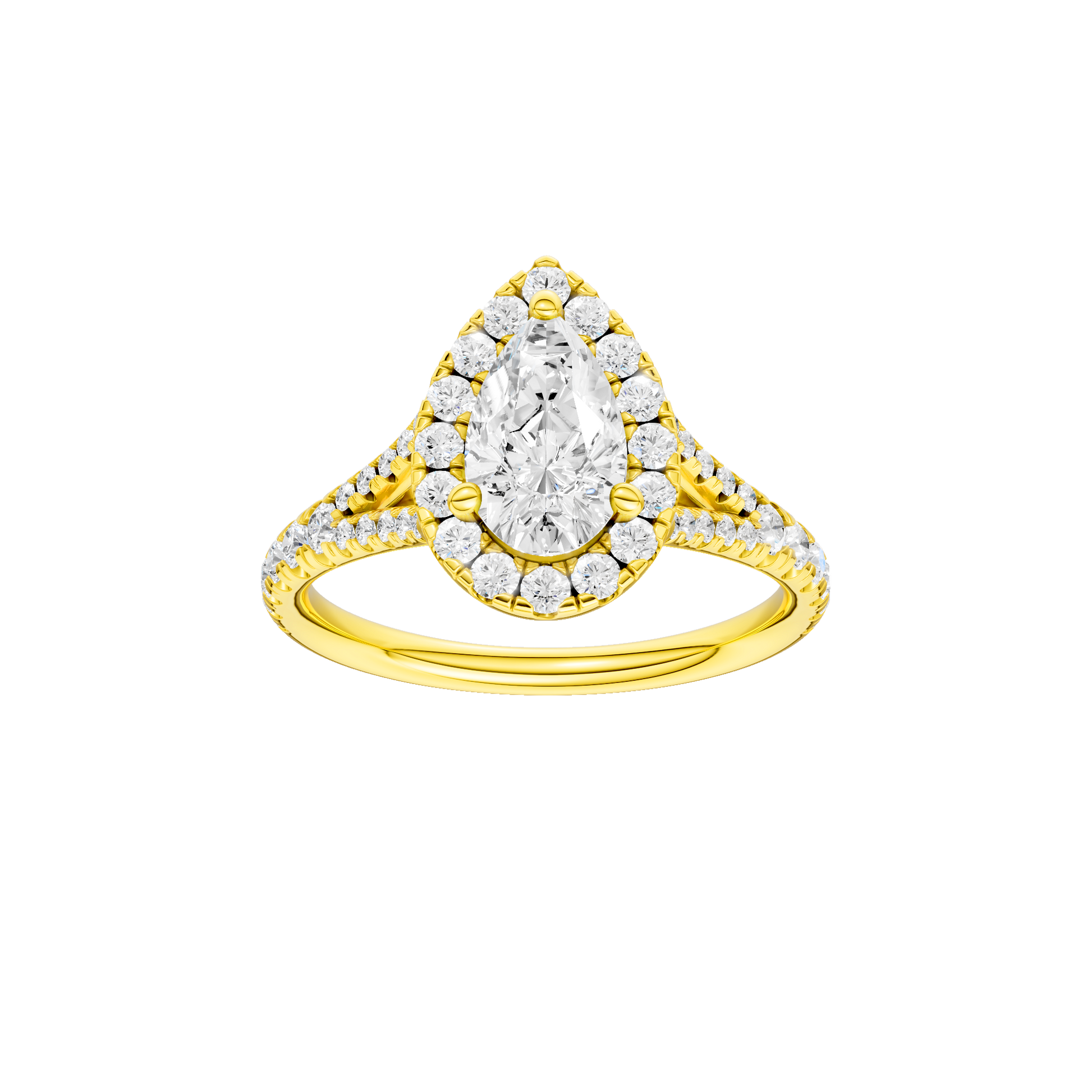 Pear-cut diamond engagement ring with a prong-set diamond band and halo setting.