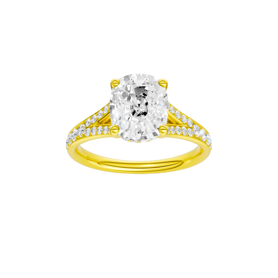 Elongated cushion-cut diamond engagement ring with a channel-set diamond band and hidden-halo setting.