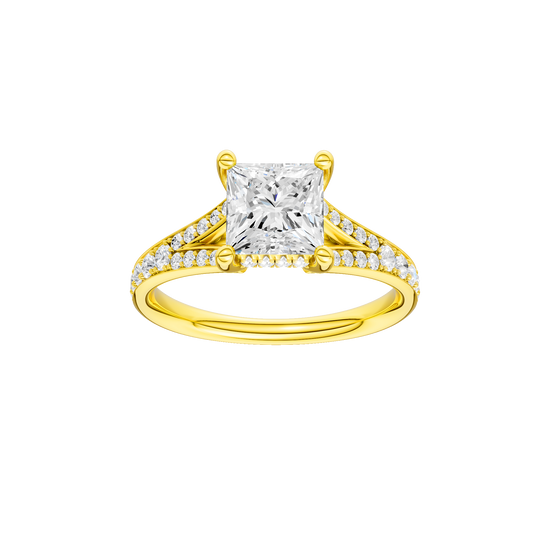 Princess-cut diamond engagement ring with a channel-set diamond band and hidden-halo setting.