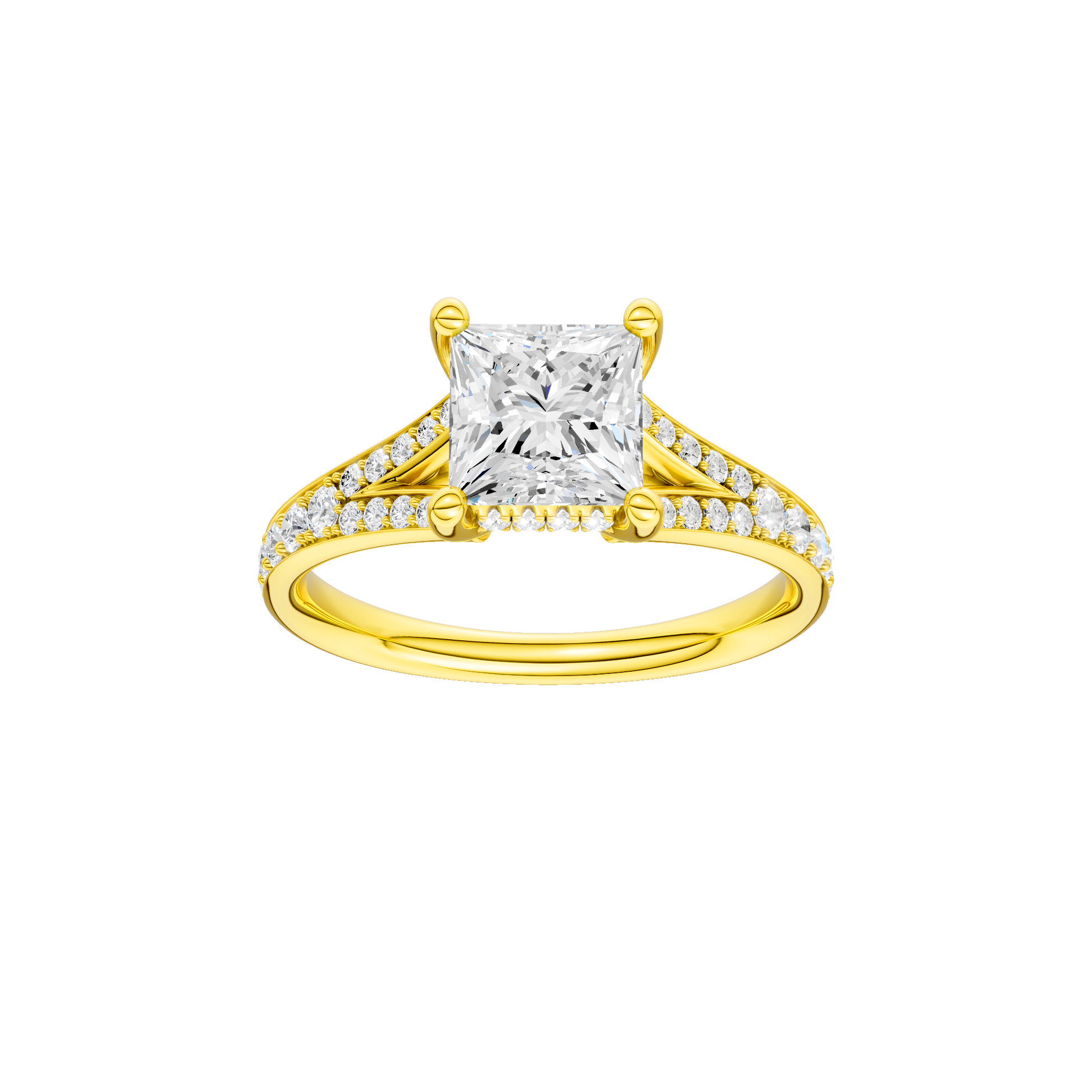 Princess-cut diamond engagement ring with a channel-set diamond band and hidden-halo setting.