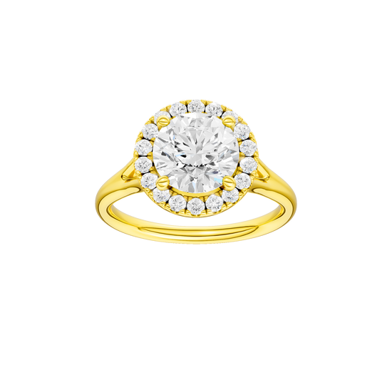 Round-cut diamond engagement ring with a plain band and halo setting.