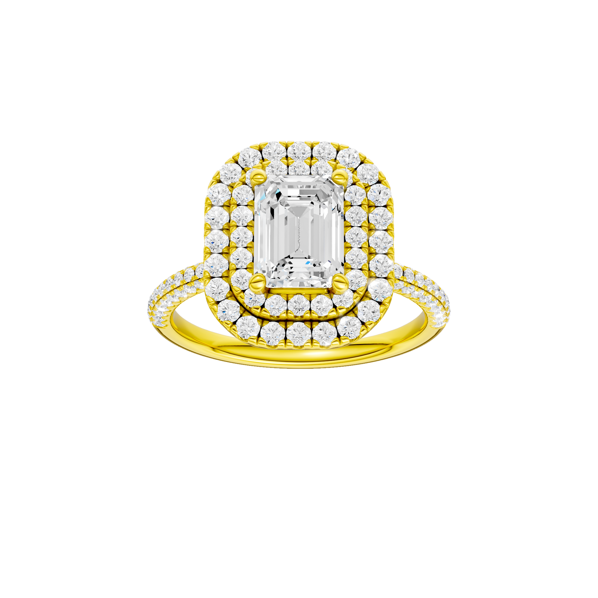 Emerald-cut diamond engagement ring with a pavé-set diamond band and double-halo setting.
