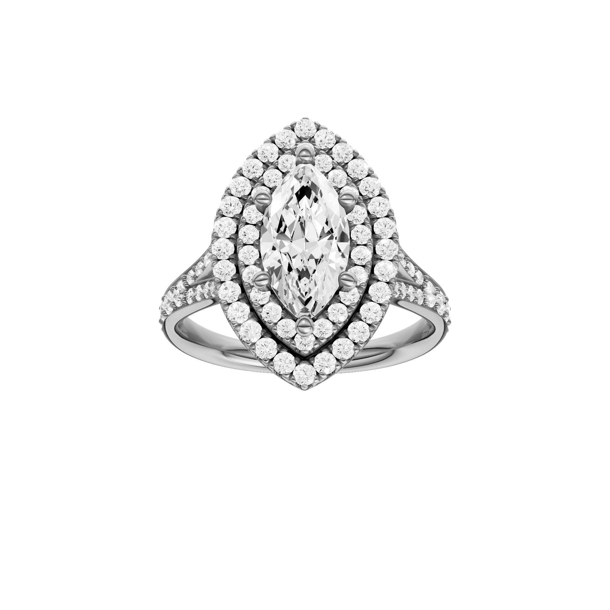 Marquise-cut diamond engagement ring with a channel-set diamond band and double-halo setting.