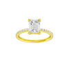 Emerald-cut diamond engagement ring with a prong-set diamond band and solitaire setting.