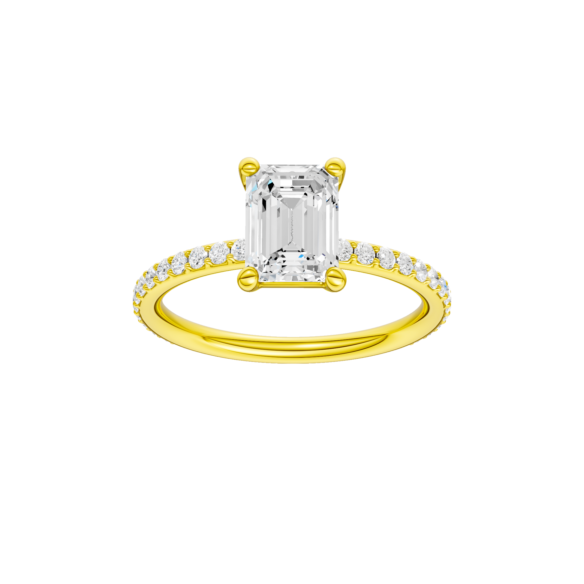 Emerald-cut diamond engagement ring with a prong-set diamond band and solitaire setting.