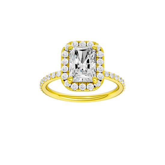 Radiant-cut diamond engagement ring with a prong-set diamond band and halo setting.