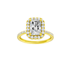 Radiant-cut diamond engagement ring with a prong-set diamond band and halo setting.