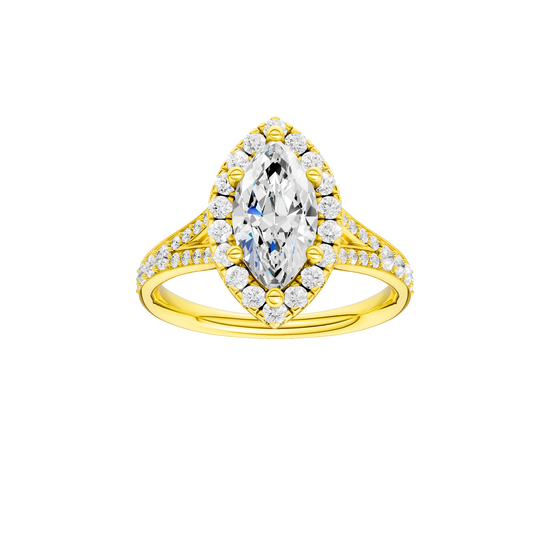 Marquise-cut diamond engagement ring with a channel-set diamond band and halo setting.