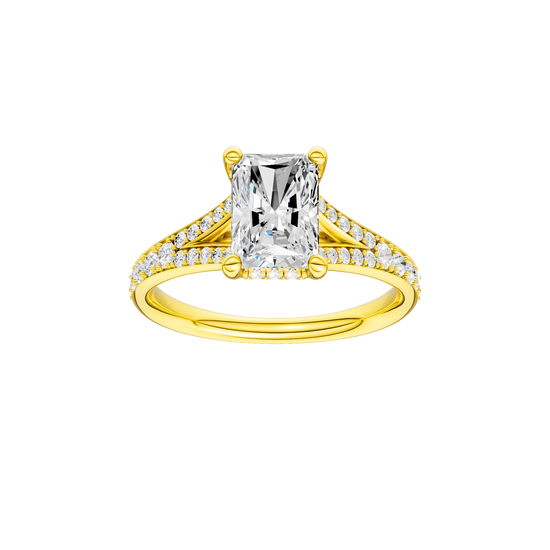 Radiant-cut diamond engagement ring with a channel-set diamond band and hidden-halo setting.