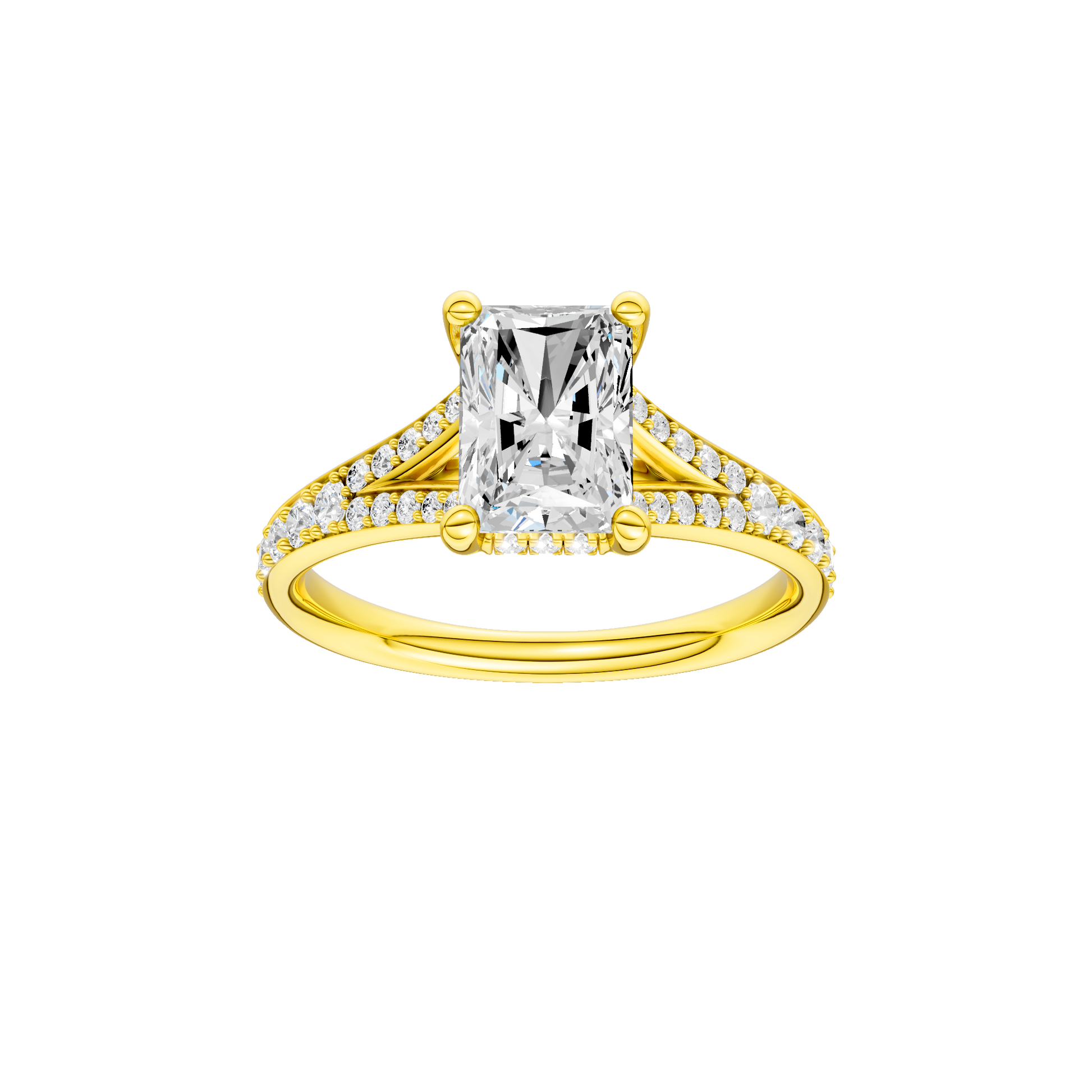 Radiant-cut diamond engagement ring with a channel-set diamond band and hidden-halo setting.