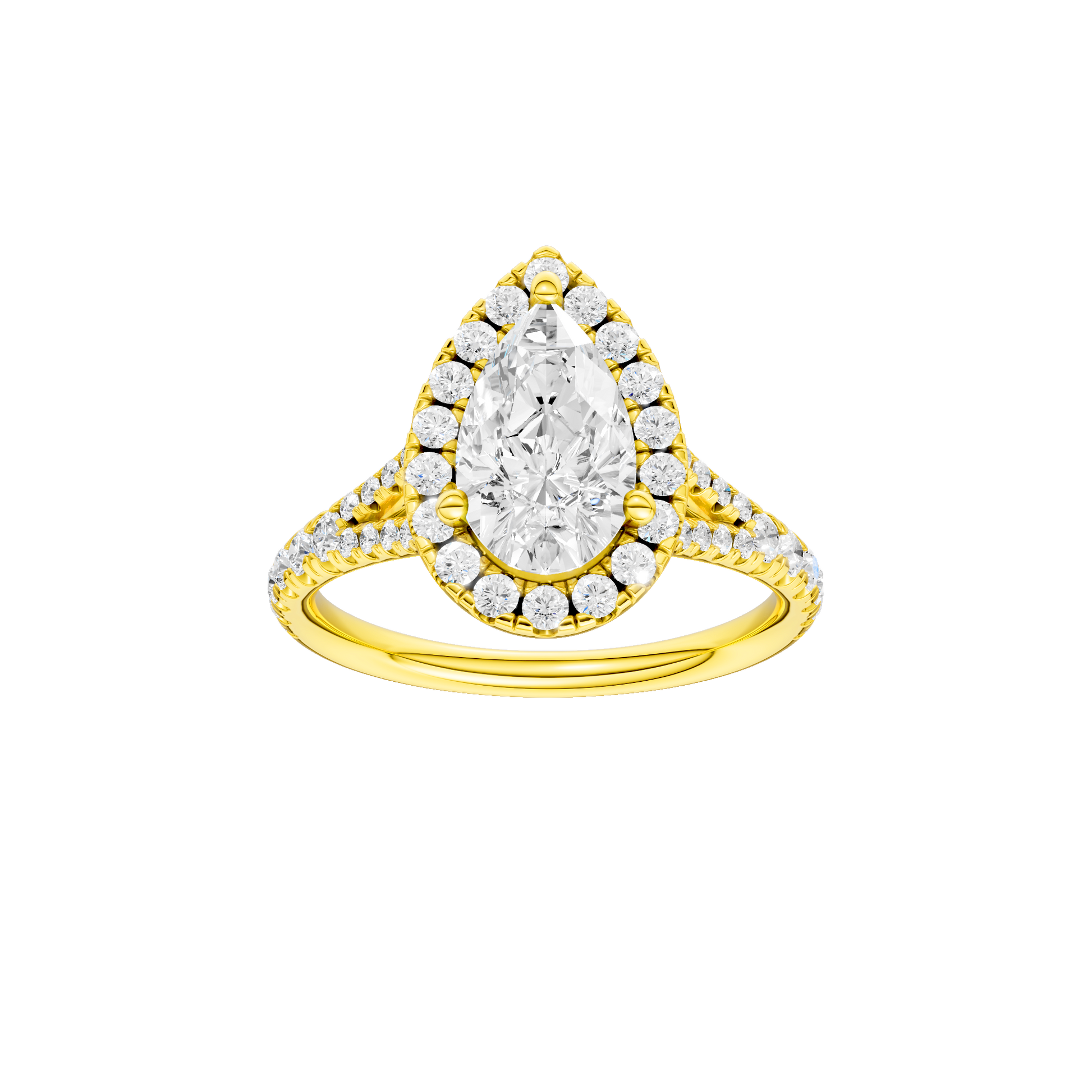 Pear-cut diamond engagement ring with a prong-set diamond band and halo setting.