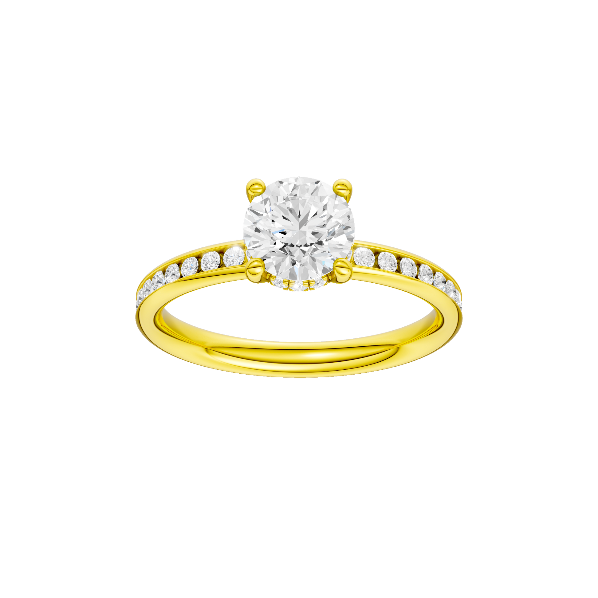 Round-cut diamond engagement ring with a channel-set diamond band and hidden-halo setting.