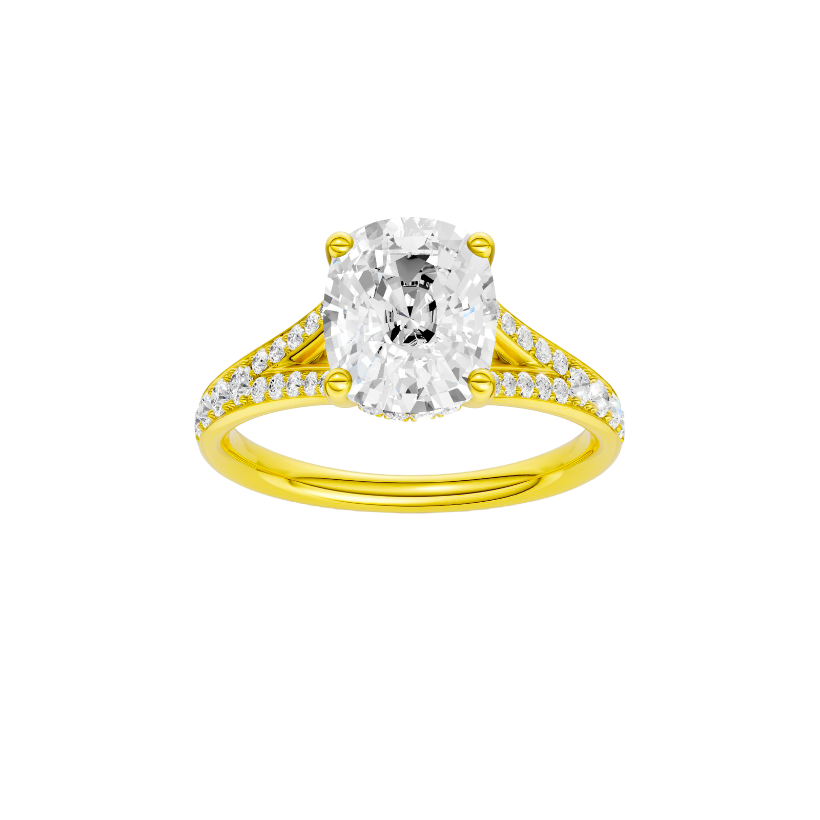 Elongated cushion-cut diamond engagement ring with a channel-set diamond band and hidden-halo setting.
