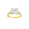 Princess-cut diamond engagement ring with a channel-set diamond band and hidden-halo setting.