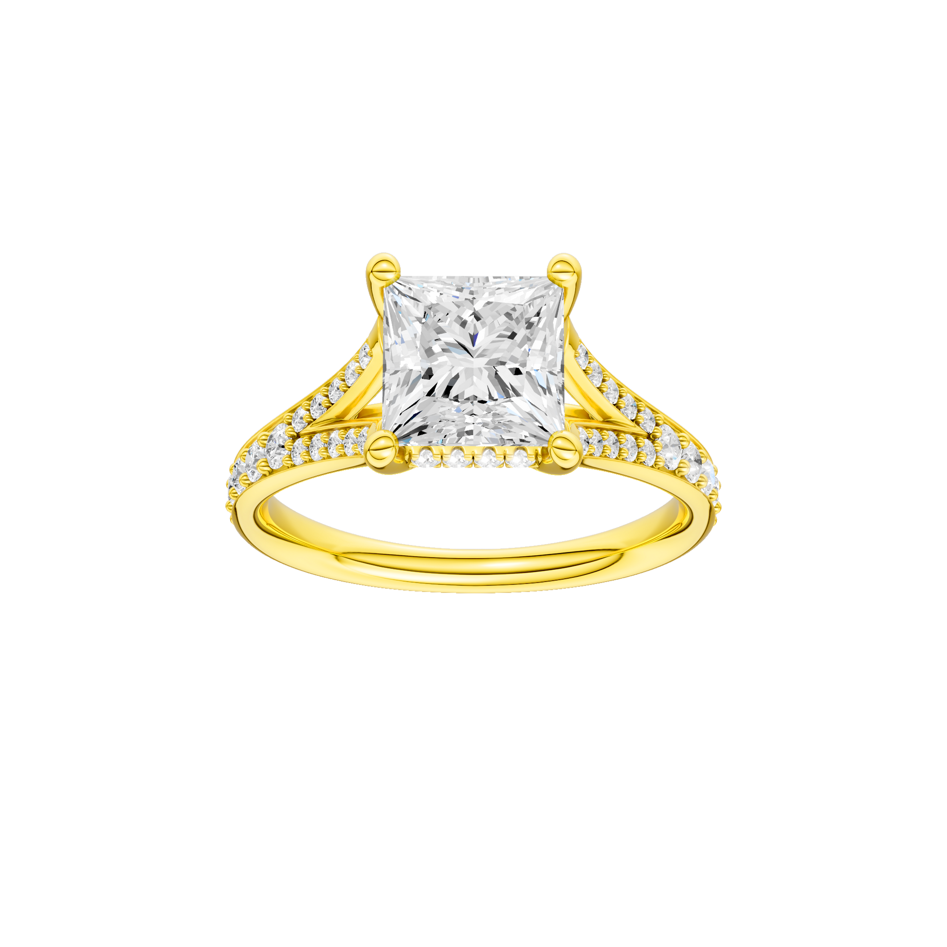 Princess-cut diamond engagement ring with a channel-set diamond band and hidden-halo setting.
