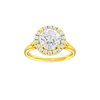 Round-cut diamond engagement ring with a plain band and halo setting.