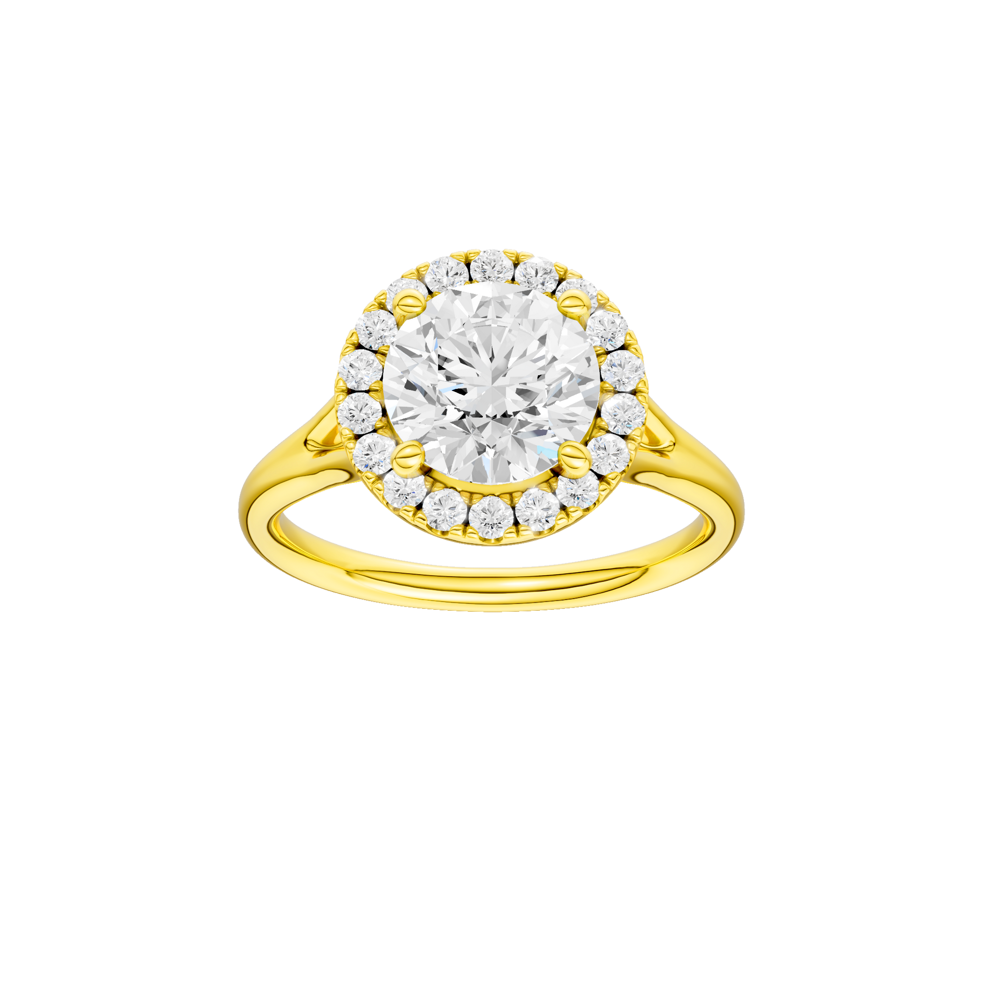 Round-cut diamond engagement ring with a plain band and halo setting.