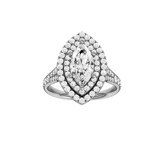 Marquise-cut diamond engagement ring with a channel-set diamond band and double-halo setting.