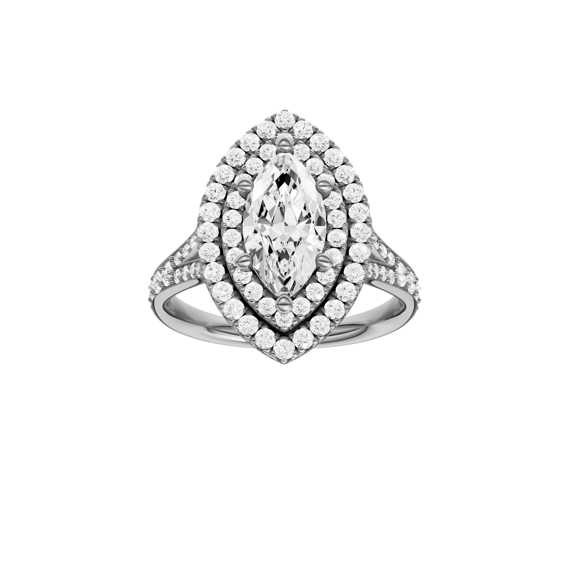 Marquise-cut diamond engagement ring with a channel-set diamond band and double-halo setting.