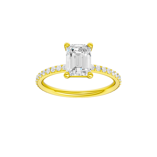 Emerald-cut diamond engagement ring with a prong-set diamond band and solitaire setting.