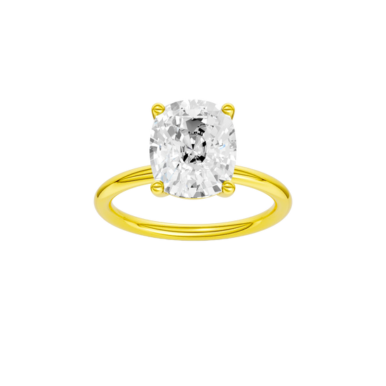 Elongated cushion-cut diamond solitaire engagement ring in 14k yellow gold with a plain band