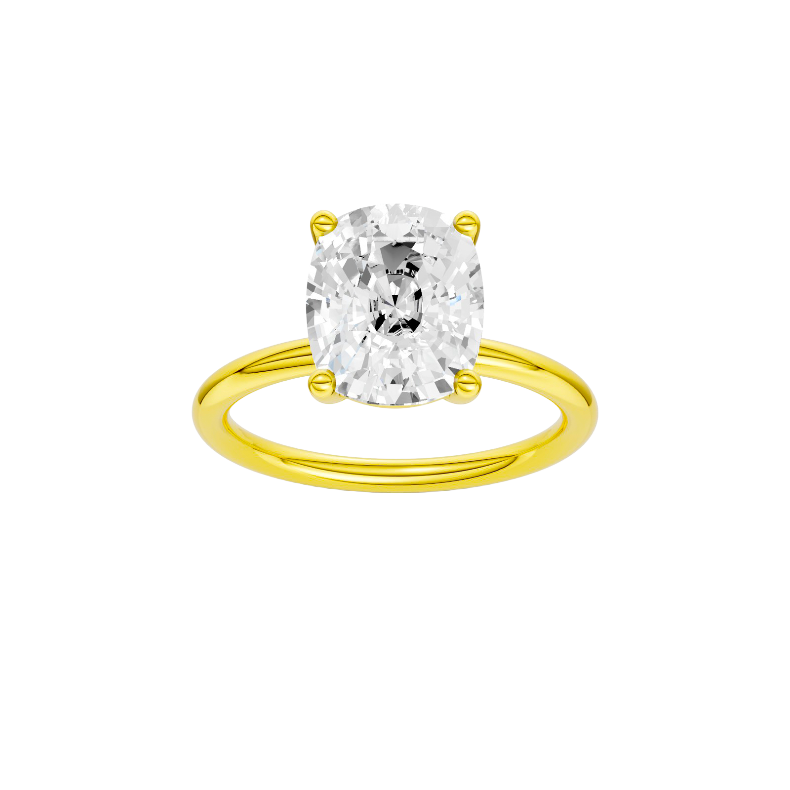 Elongated cushion-cut diamond solitaire engagement ring in 14k yellow gold with a plain band