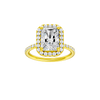 Radiant-cut diamond engagement ring with a prong-set diamond band and halo setting.