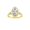 Marquise-cut diamond engagement ring with a channel-set diamond band and halo setting.