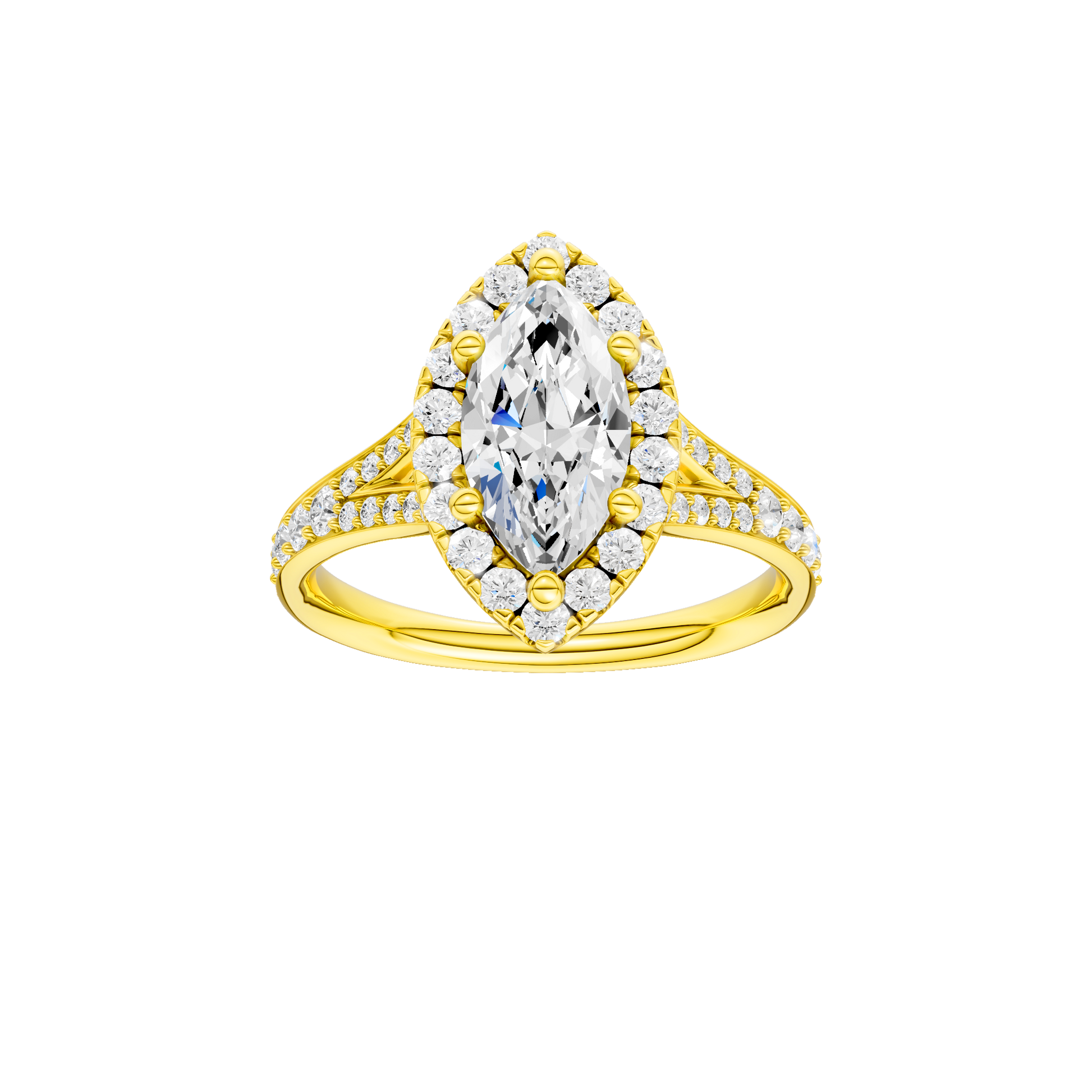 Marquise-cut diamond engagement ring with a channel-set diamond band and halo setting.