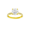 Round-cut diamond engagement ring with a channel-set diamond band and hidden-halo setting.