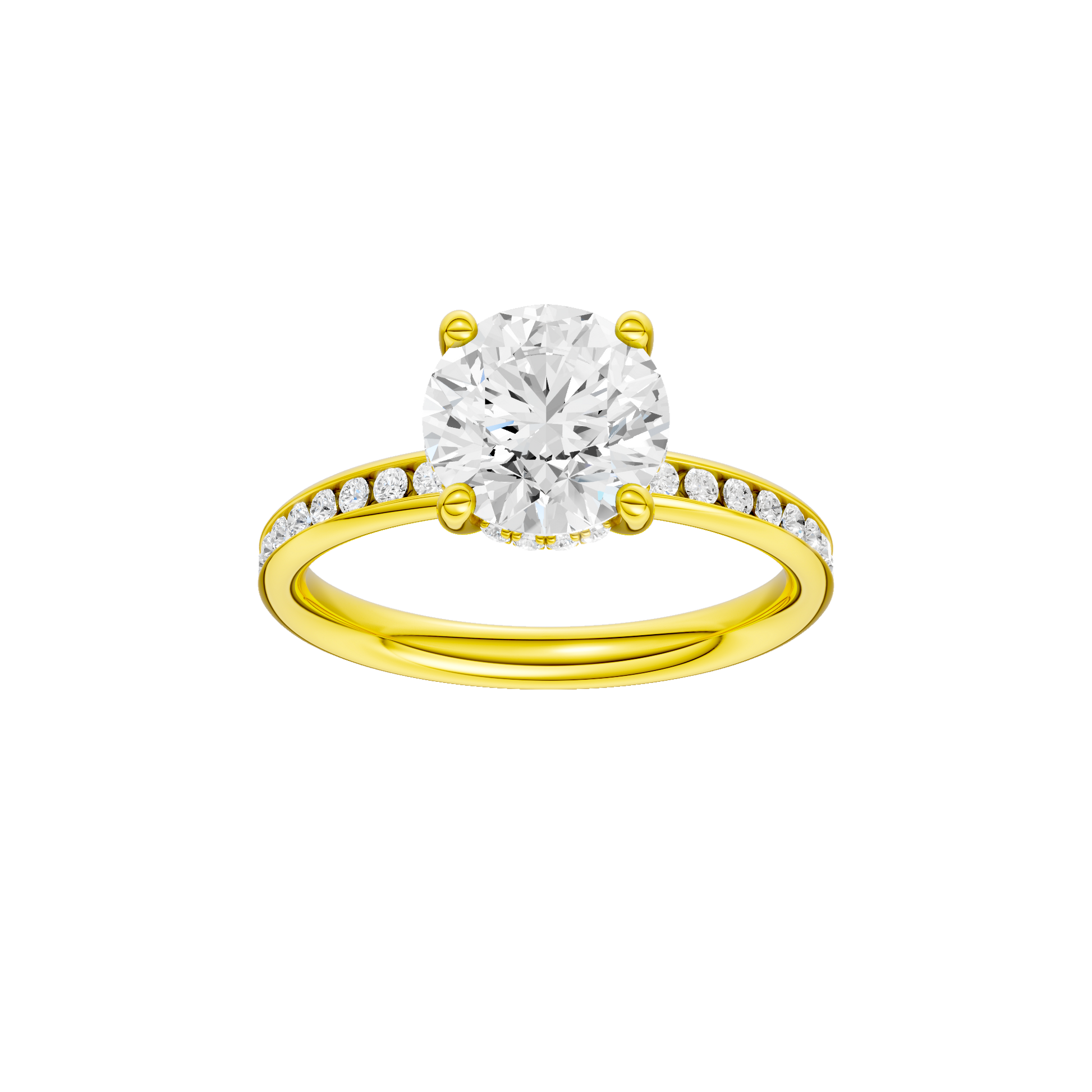 Round-cut diamond engagement ring with a channel-set diamond band and hidden-halo setting.