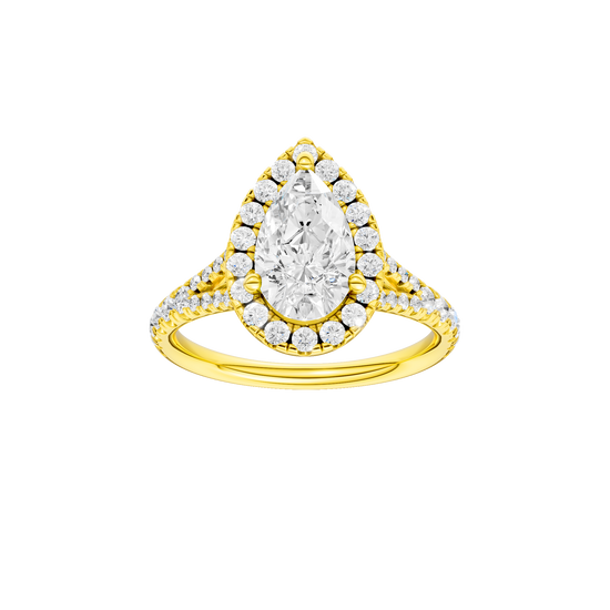 Pear-cut diamond engagement ring with a prong-set diamond band and halo setting.