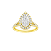 Pear-cut diamond engagement ring with a prong-set diamond band and halo setting.