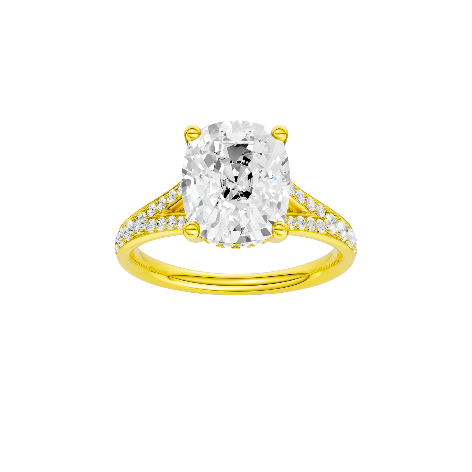 Elongated cushion-cut diamond engagement ring with a channel-set diamond band and hidden-halo setting.