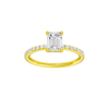 Emerald-cut diamond engagement ring with a prong-set diamond band and solitaire setting.