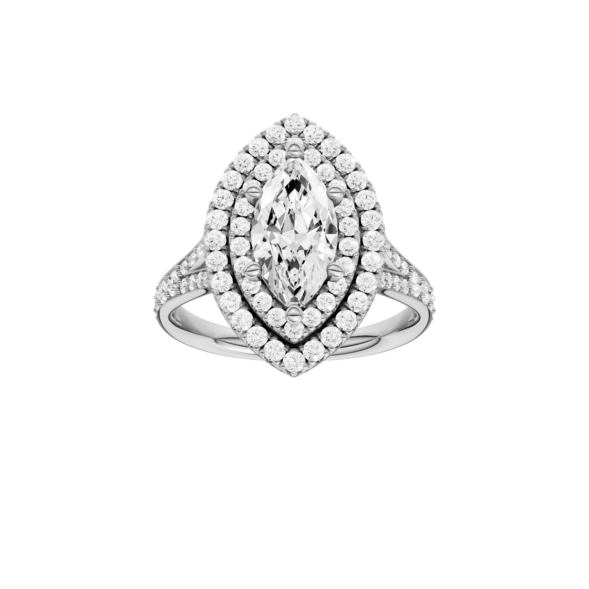 Marquise-cut diamond engagement ring with a channel-set diamond band and double-halo setting.