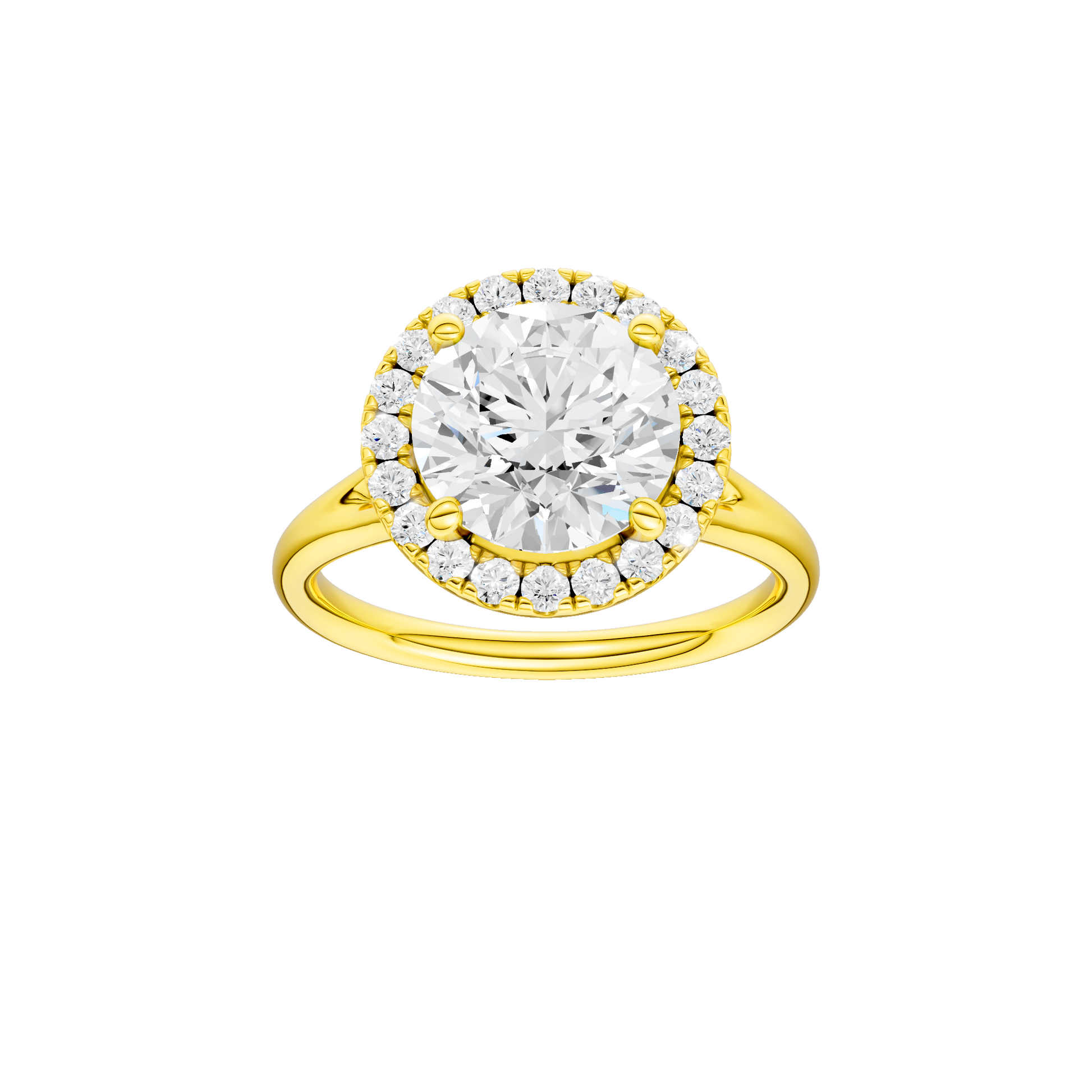 Round-cut diamond engagement ring with a plain band and halo setting.